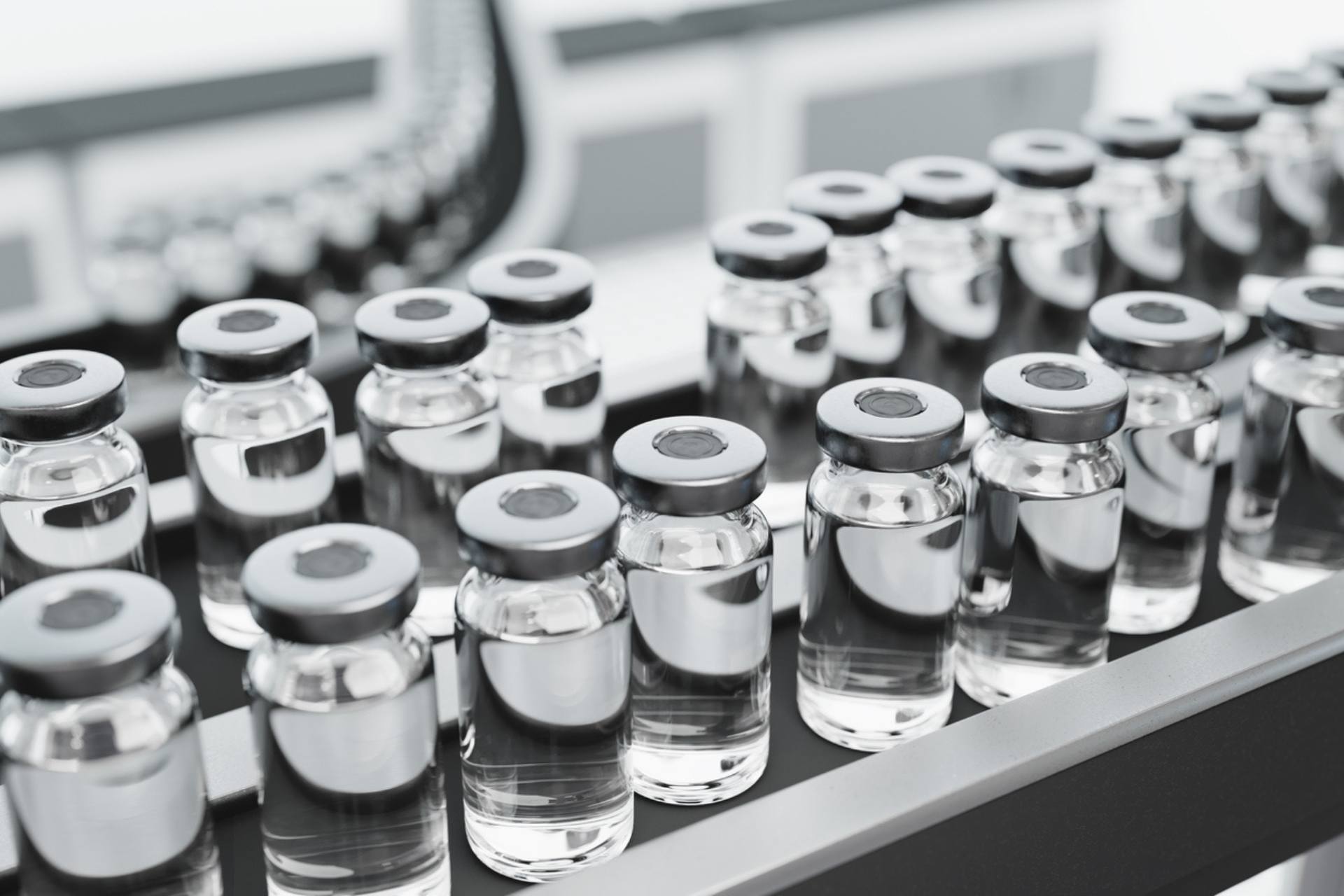 Sterile injectable manufacturing - Vials of injectable medication in a manufacturing lab.