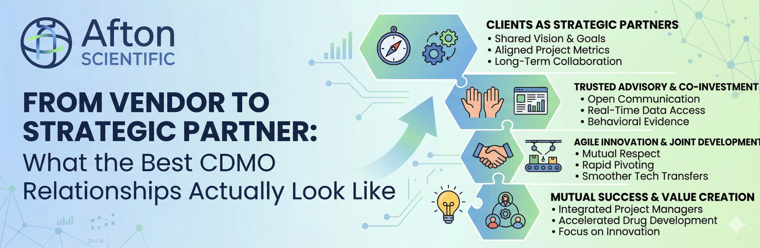 An infographic from Afton Scientific titled 'From Vendor to Strategic Partner: What the Best CDMO Relationships Actually Look Like' is shown. The infographic outlines four key pillars: 'Clients as Strategic Partners' with bullets like 'Shared Vision & Goals' and a compass icon; 'Trusted Advisory & Co-Investment' featuring 'Open Communication' and open hands; 'Agile Innovation & Joint Development' including 'Rapid Pivoting' and hand-shaking; and 'Mutual Success & Value Creation' featuring 'Focus on Innovation' and an electric bulb.