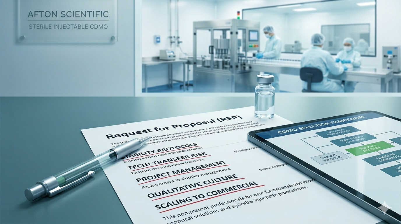 Desk with Afton Scientific RFP document, pen, sterile vial, and tablet showing a CDMO selection framework in the foreground, with scientists in full PPE working at filling equipment in a sterile injectable manufacturing suite behind a glass window.