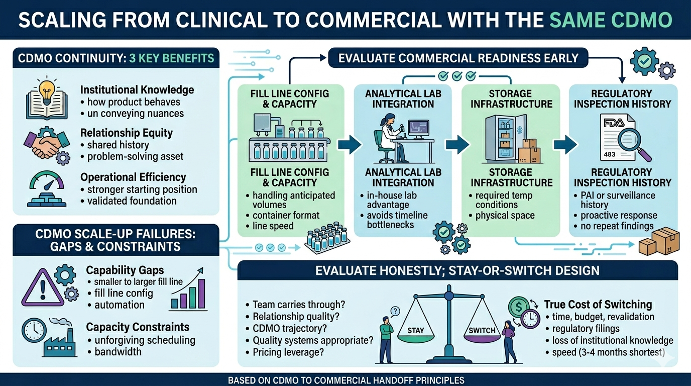 Infographic titled "Scaling from Clinical to Commercial with the Same CDMO," covering four topics: the three key benefits of CDMO continuity (institutional knowledge, relationship equity, operational efficiency), common scale-up failures including capability gaps and capacity constraints, a four-factor commercial readiness evaluation framework, and a stay-or-switch decision guide weighing evaluation criteria against the true cost of switching.