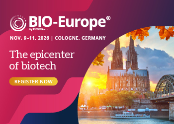BIO-Europe® 2026 conference banner, November 9–11, Cologne, Germany, with Cologne Cathedral at sunset in the background.