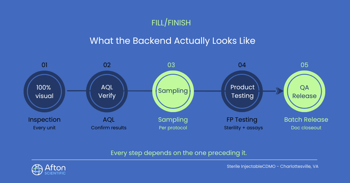A five-step horizontal timeline infographic titled "What the Backend Actually Looks Like" showing the sequential fill/finish process: 100% visual inspection, AQL verification, sampling, finished product testing, and QA batch release. Published by Afton Scientific, Sterile Injectable CDMO, Charlottesville, VA.
